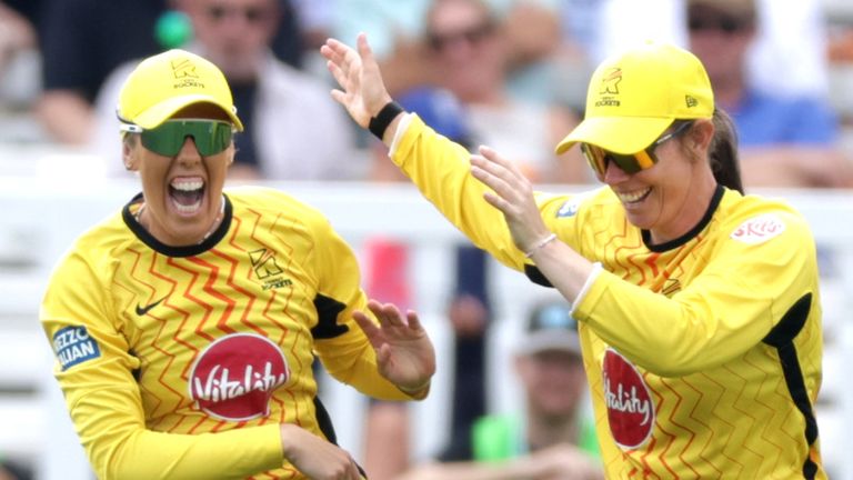 Georgia Adams (left) celebrates a wicket during Trent Rockets' thrashing of SunRisers Leeds