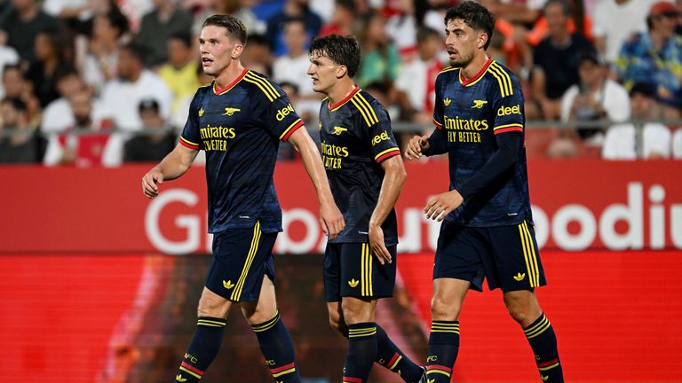 Kai Havertz of Arsenal celebrates scoring his team's first goal against Girona with Viktor Gyoekeres and Christos Tzolis 