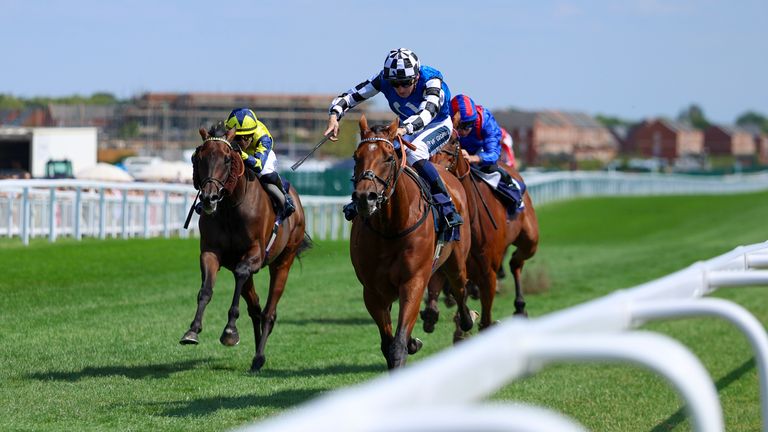 Wine Dark Sea ridden by Hector Crouch wins the Highclere Thoroughbred Racing Geoffrey Freer Stakes at Newbury Racecourse