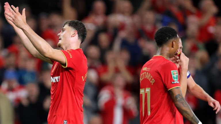 Middlesbrough's Will Lankshear celebrates scoring the opening goal against Wrexham in the Carabao Cup