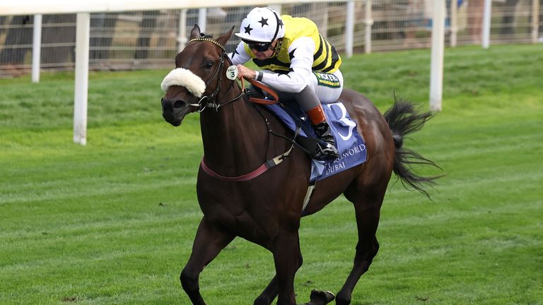 Arapaho Gold, ridden by Connor Beasley, on their way to winning the Al Basti Equiworld Dubai Gimcrack at York