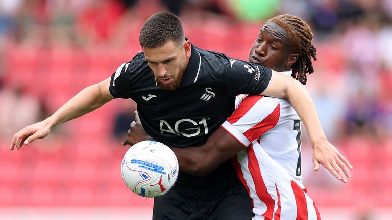 Zan Vipotnik of Swansea City is challenged by Bosun Lawal of Stoke City
