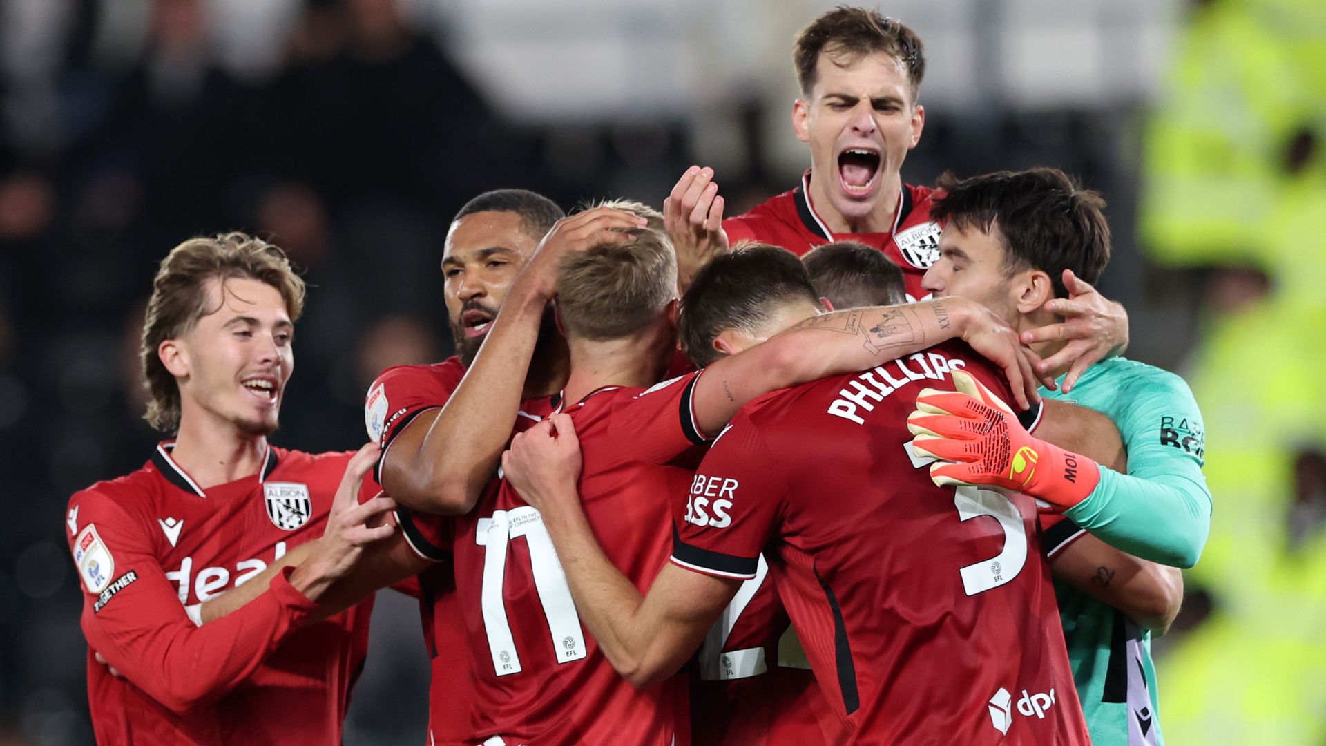 West Brom win with 10 men at Derby to move top of Championship