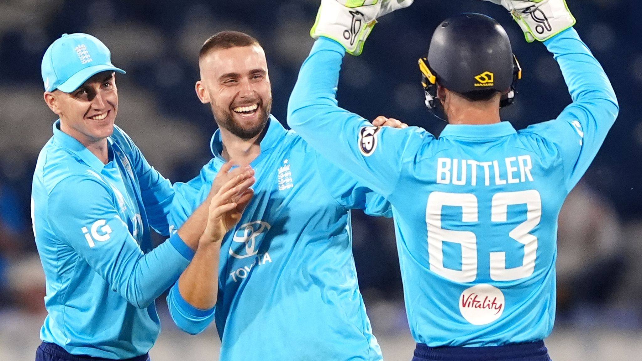 Will Jacks (centre) was hailed by Harry Brook (left) after he starred with both bat and ball in the first ODI vs Sri Lanka