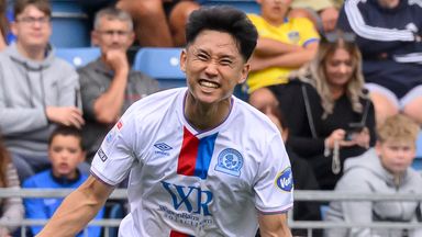 Ryoya Morishita celebrates after scoring for Blackburn against Portsmouth