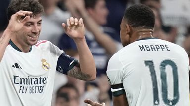 Real Madrid's Federico Valverde celebrates with Kylian Mbappe scoring his side's second goal during a Champions League soccer match between Real Madrid and Inter Milan in Madrid, Spain, Tuesday, Sept. 8, 2026. (AP Photo/Bernat Armangue)