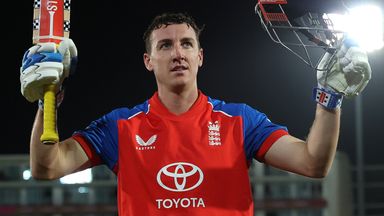 England white-ball captain Harry Brook celebrates his 42-ball T20I hundred against Sri Lanka in Southampton