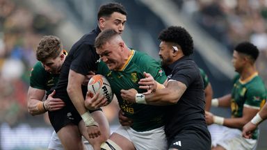 New Zealand's Ardie Savea tackles South Africa's Jasper Wiese during the third Rugby's Greatest Rivalry match