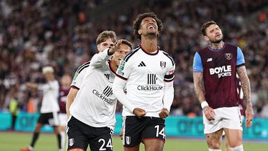 LONDON, ENGLAND - SEPTEMBER 15: Oscar Bobb of Fulham celebrates scoring his team?s third goal during the Carabao Cup Third Round match between West Ham United and Fulham at London Stadium on September 15, 2026 in London, England. (Photo by James Fear