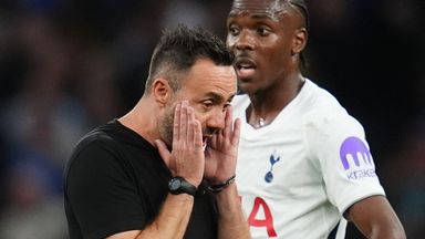 Tottenham Hotspur manager Roberto De Zerbi speaks with Mathys Tel after full time