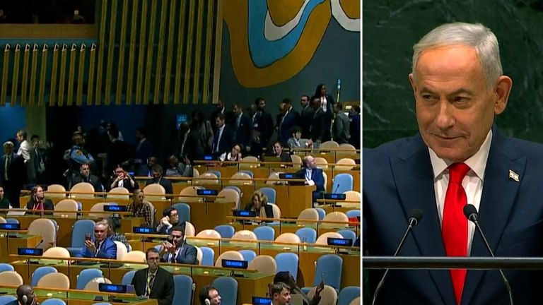 Dozens of delegates walked out as the Israeli Prime Minister took the stage at the UN General Assembly