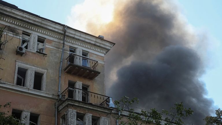 Smoke rises over a building of the National University of Food Technologies after a Russian drone strike, amid Russia's attack on Ukraine