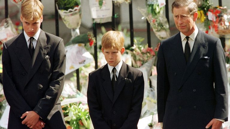 The Duke of Edinburgh, Prince William, Earl Spencer, Prince Harry and Prince Charles at Princess Diana's funeral in 1997. Pic: PA