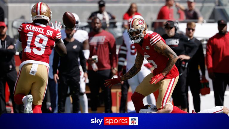 San Francisco 49ers wide receiver Mike Evans throws a lateral pass to wide receiver Deebo Samuels for a 82-yard touchdown
