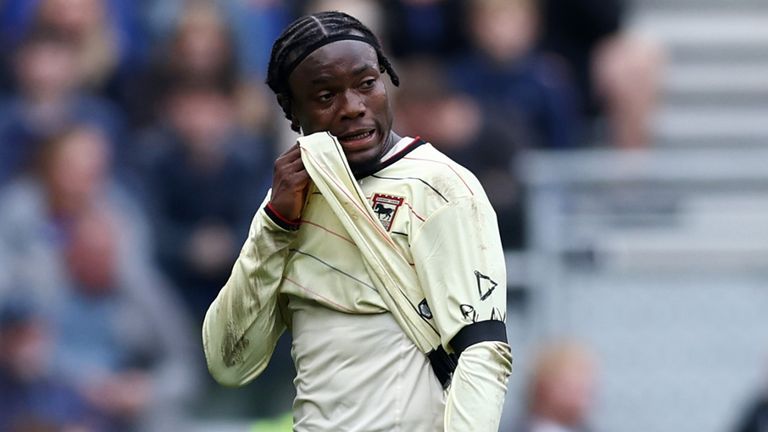 Abdul Fatawu walks off the field after being sent off for a second bookable offence