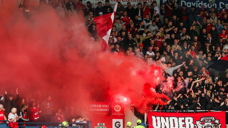 KILMARNOCK, SCOTLAND - SEPTEMBER 12: Aberdeen fans during a Premier Sports Cup Quarter Final match between Kilmarnock and Aberdeen at the BBSP Stadium Rugby Park, on September 12, 2026, in Kilmarnock, Scotland. (Photo by Craig Williamson / SNS Group)