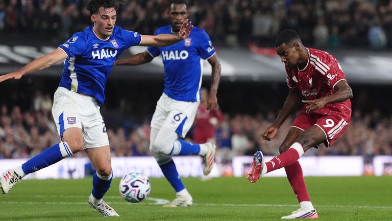 Alexander Isak scores his second goal inside the first nine minutes against Ipswich