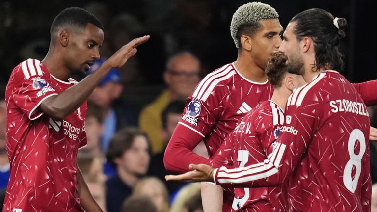 Alexander Isak (left) is congratulated after scoring his first goal for Liverpool at Ipswich