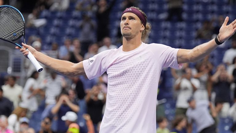 Alexander Zverev, of Germany, celebrates defeating Lorenzo Sonego, of Italy, in five sets In the first round of the U.S. Open tennis champio