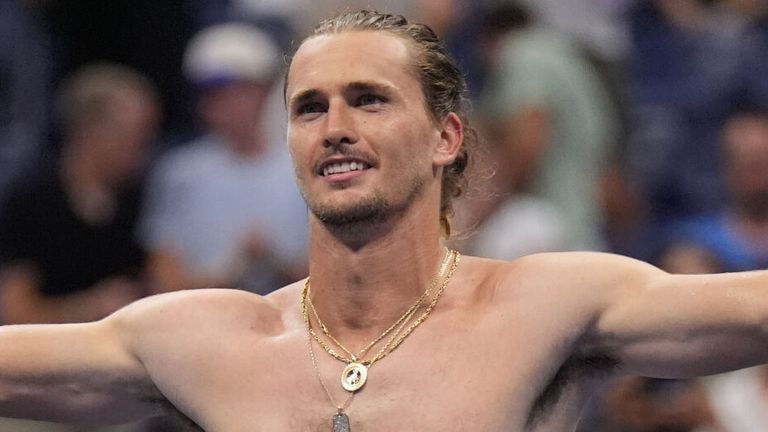 Alexander Zverev, of Germany, celebrates after defeating Quentin Halys, of France, in five sets in the the second round of the U.S. Open 