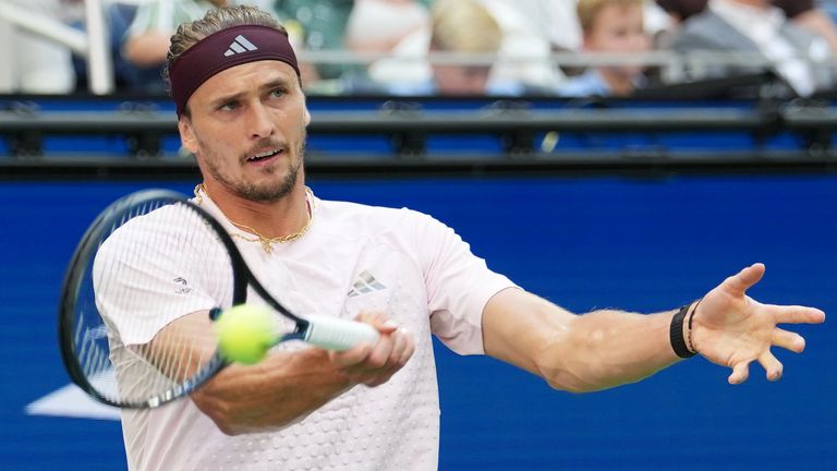 Alexander Zverev, of Germany, returns the ball to Ben Shelton, of the United States, during the men's singles final of the U.S. Open tennis 