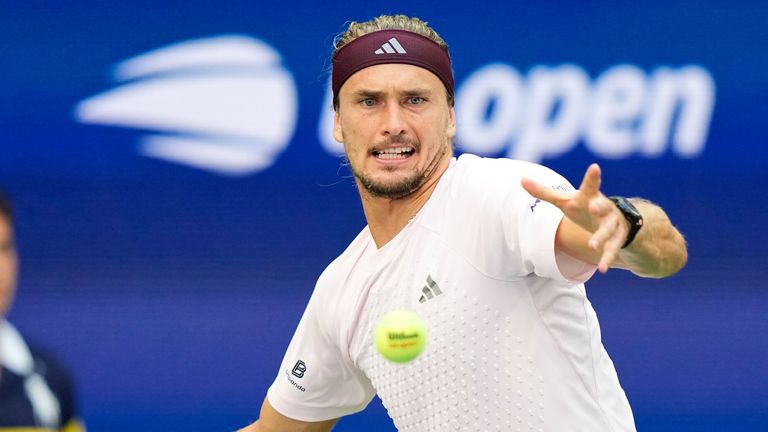 Alexander Zverev, of Germany, returns the ball to Ben Shelton, of the United States, during the men's singles final of the U.S. Open tennis 