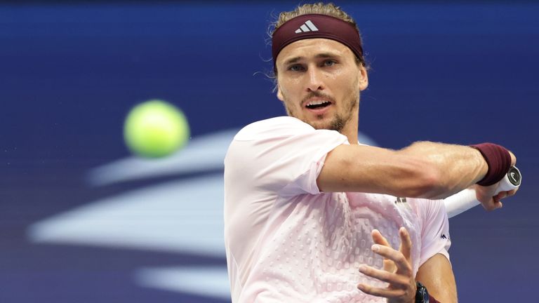 Alexander Zverev, of Germany, returns the ball to Ben Shelton, of the United States, during the men's singles final of the U.S. Open tennis 