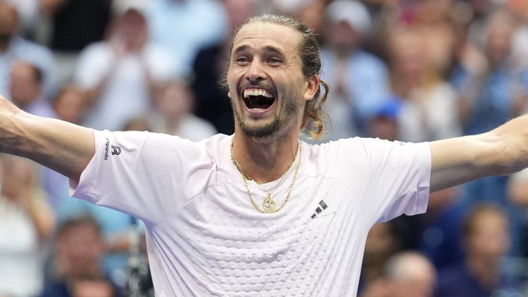 Alexander Zverev, of Germany, celebrates after he won the men's singles final of the U.S. Open tennis championships against Ben Shelton, of 