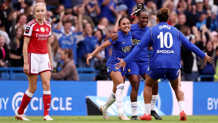 Alyssa Thompson of Chelsea celebrates her opener with team-mates