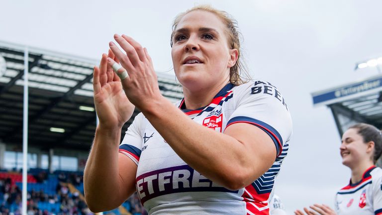 England's Amy Hardcastle thanks the fans after victory over Wales.