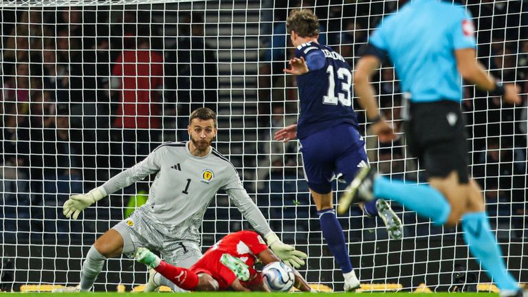 GLASGOW, SCOTLAND - SEPTEMBER 29: Scotland's Jack Hendry fouls Switzerland's Dan Ndoye which results in a red card and free kick during a UEFA Nations League match between Scotland and Switzerland at Barclays Hampden, on September 29, 2026, in Glasgow, Scotland.  (Photo by Ross MacDonald / SNS Group)