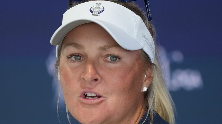 Anna Nordqvist, Europe team captain, speaks during a press conference for the Solheim Cup at the Bernardus Golf 