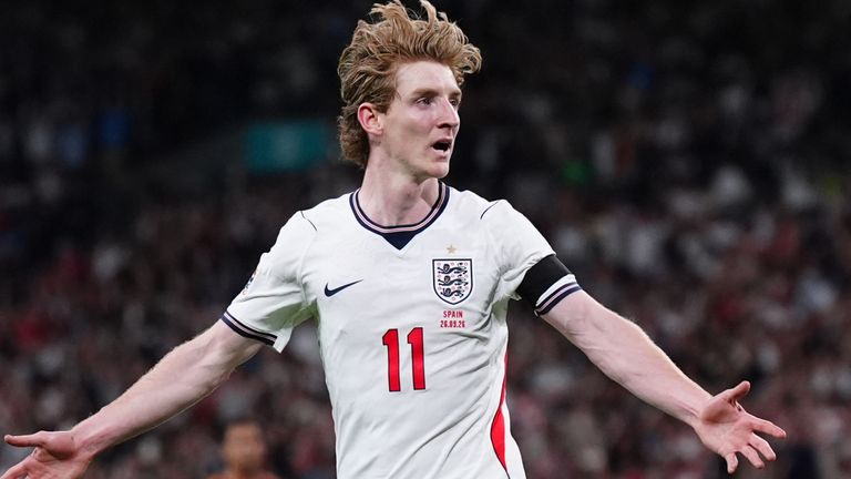 Anthony Gordon celebrates his equaliser for England against Spain at Wembley