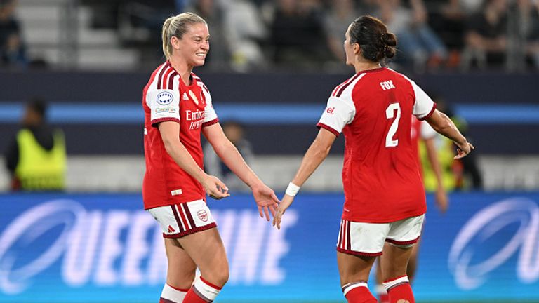 PARIS, FRANCE - SEPTEMBER 30: Alessia Russo of Arsenal celebrates scoring her team?s first goal with teammate Emily Fox during the UEFA Women's Champions League 2026/27 League Phase MD2 match between Paris FC and Arsenal FC at Stade Jean Bouin on September 30, 2026 in Paris, France. (Photo by Alex Burstow/Arsenal FC via Getty Images)