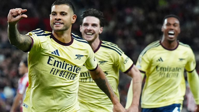 Bruno Guimaraes wheels away to celebrate after his stunning strike gave Arsenal the lead at Sunderland