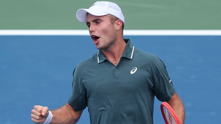 Arthur Fery of Great Britain reacts against Lorenzo Musetti of Italy during their Men's Singles First Round match on Day Three of the 2026 U