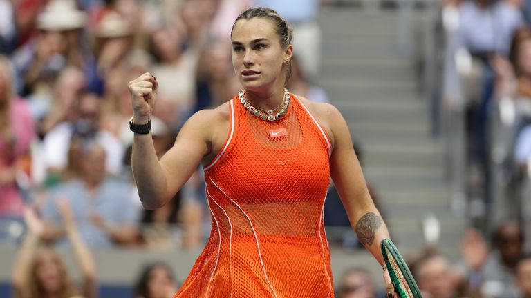 Aryna Sabalenka, of Belarus, reacts during a match against Elena Rybakina, of Kazakhstan, during the women's singles final of the U.S. Open 