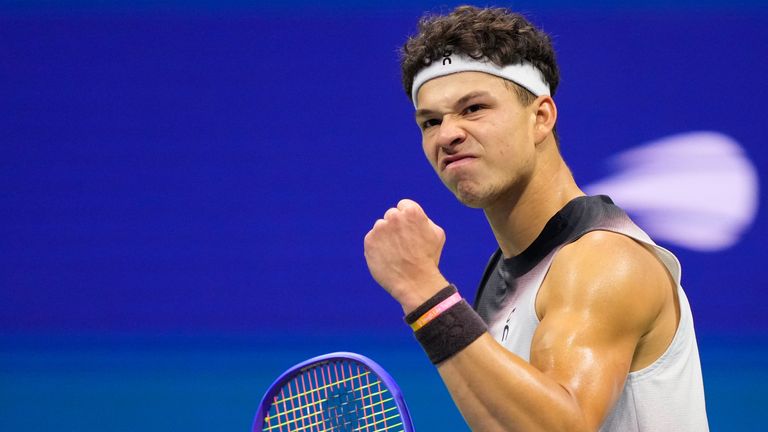 Ben Shelton, of the United States, reacts after he won his match against Frances Tiafoe, of the United States, during the men's singles semi