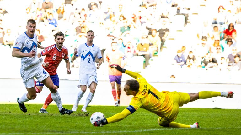 Billy Gimour was denied by a good save from Jan Oblak