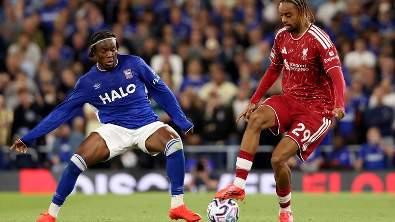 Bradley Barcola (right) came off the bench to make his Liverpool debut at Ipswich