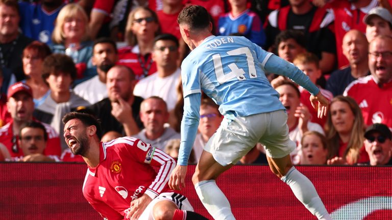 Phil Foden of Manchester City injures Bruno Fernandes of Manchester Utd and is shown a red card during the Premier League 2026/27