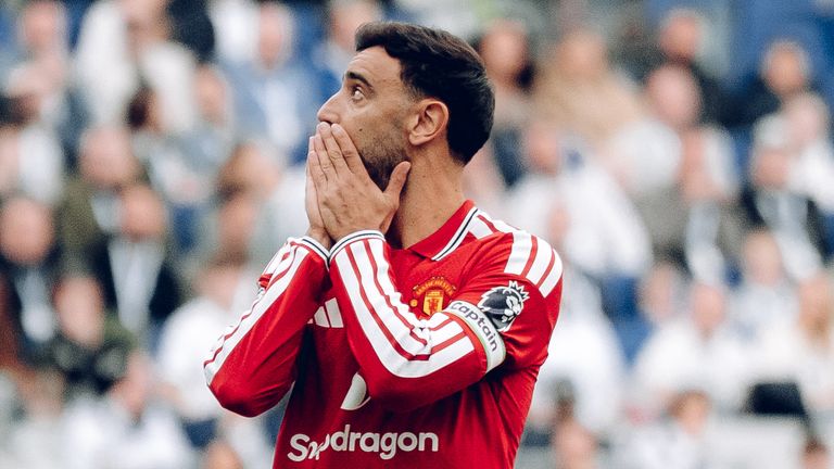 Bruno Fernandes reacts after missing a big chance