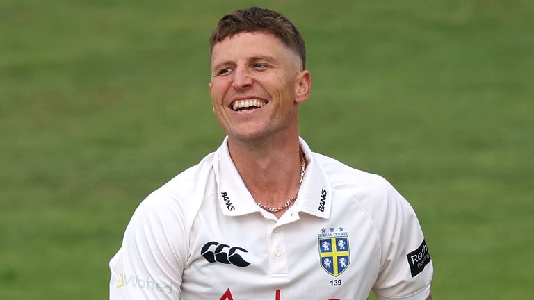 Brydon Carse smiles during a five-wicket haul for Durham in a County Championship match vs Middlesex in September 2026 (Getty Images)