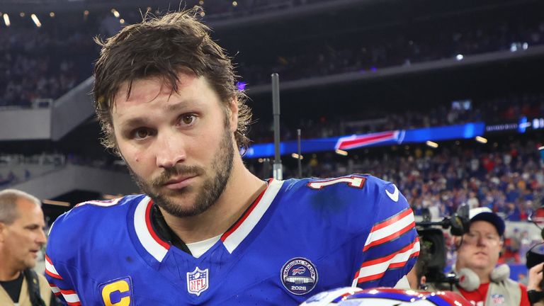 Buffalo Bills quarterback Josh Allen (17) looks on during an NFL football game against the Detroit Lions in Orchard Park, N.Y., Thursday, Se