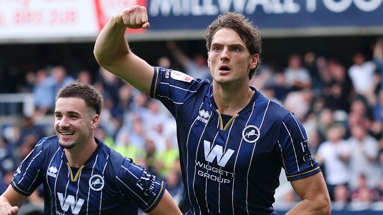 Caleb Taylor celebrates after giving Millwall a first-half lead against West Ham