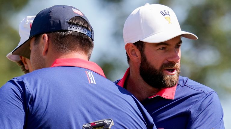 USA teams' Cameron Young, right, celebrates with Chris Gotterup after defeating the International team in their Presidents Cup golf 
