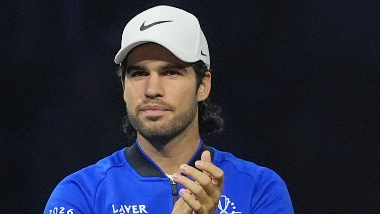 Team Europe's Carlos Alcaraz applauds during the opening ceremony for the Laver Cup tennis in London, Friday, Sept. 25, 2026. (AP Photo/Maja