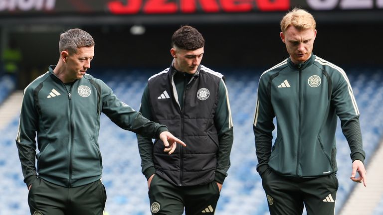 GLASGOW, SCOTLAND - SEPTEMBER 13: (L-R) Celtic's Callum McGregor, Colby Donovan and Liam Scales before a Premier Sports Cup Quarter-Final match between Rangers and Celtic at Ibrox Stadium, on September 13, 2026, in Glasgow, Scotland. (Photo by Craig Williamson / SNS Group)