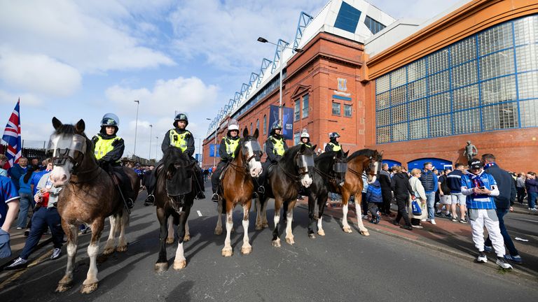 GLASGOW, SCOTLAND - SEPTEMBER 13: Mounted police outside the stadium during a Premier Sports Cup Quarter-Final match between Rangers and Celtic at Ibrox Stadium, on September 13, 2026, in Glasgow, Scotland. (Photo by Craig Foy / SNS Group)