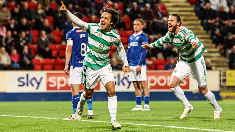 PERTH, SCOTLAND - SEPTEMBER 09: Celtic's Mika Baur celebrates as he scores to make it 1-0 during a William Hill Premiership match between St Johnstone and Celtic at McDiarmid Park, on September 09, 2026, in Perth, Scotland. (Photo by Ross MacDonald / SNS Group)